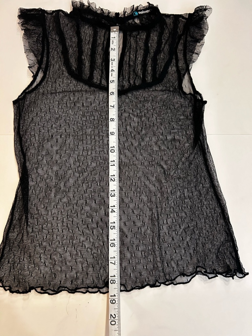 Sheer Black Ruffle-Neck Cap Sleeve Blouse - Picture 7 of 7